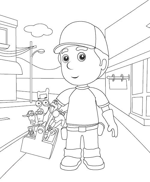 coloriage manny et ses outils dans la rue